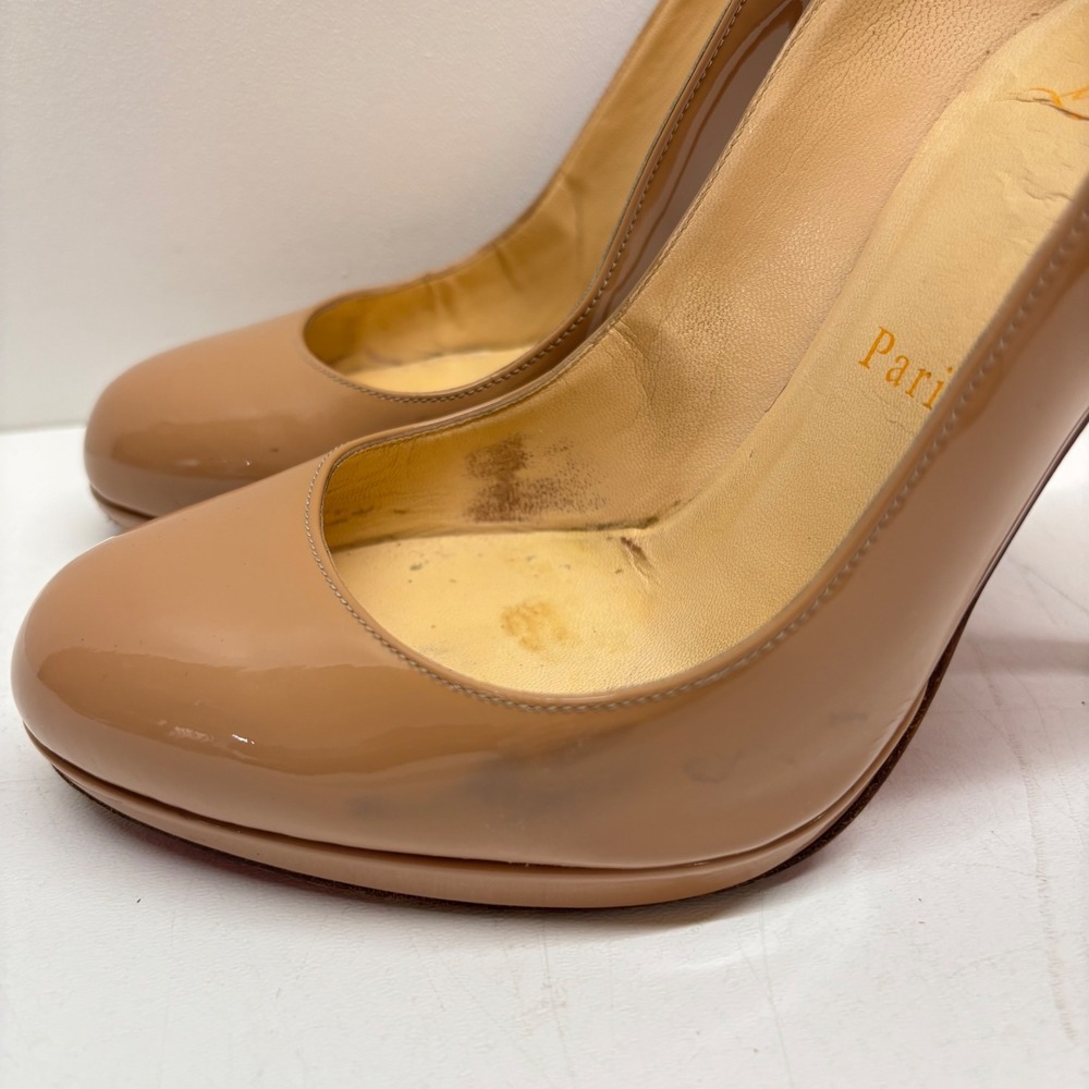 Christian Louboutin Patent Leather Pumps Womens 37 Nude Platform Red Bottoms - Picture 5 of 16